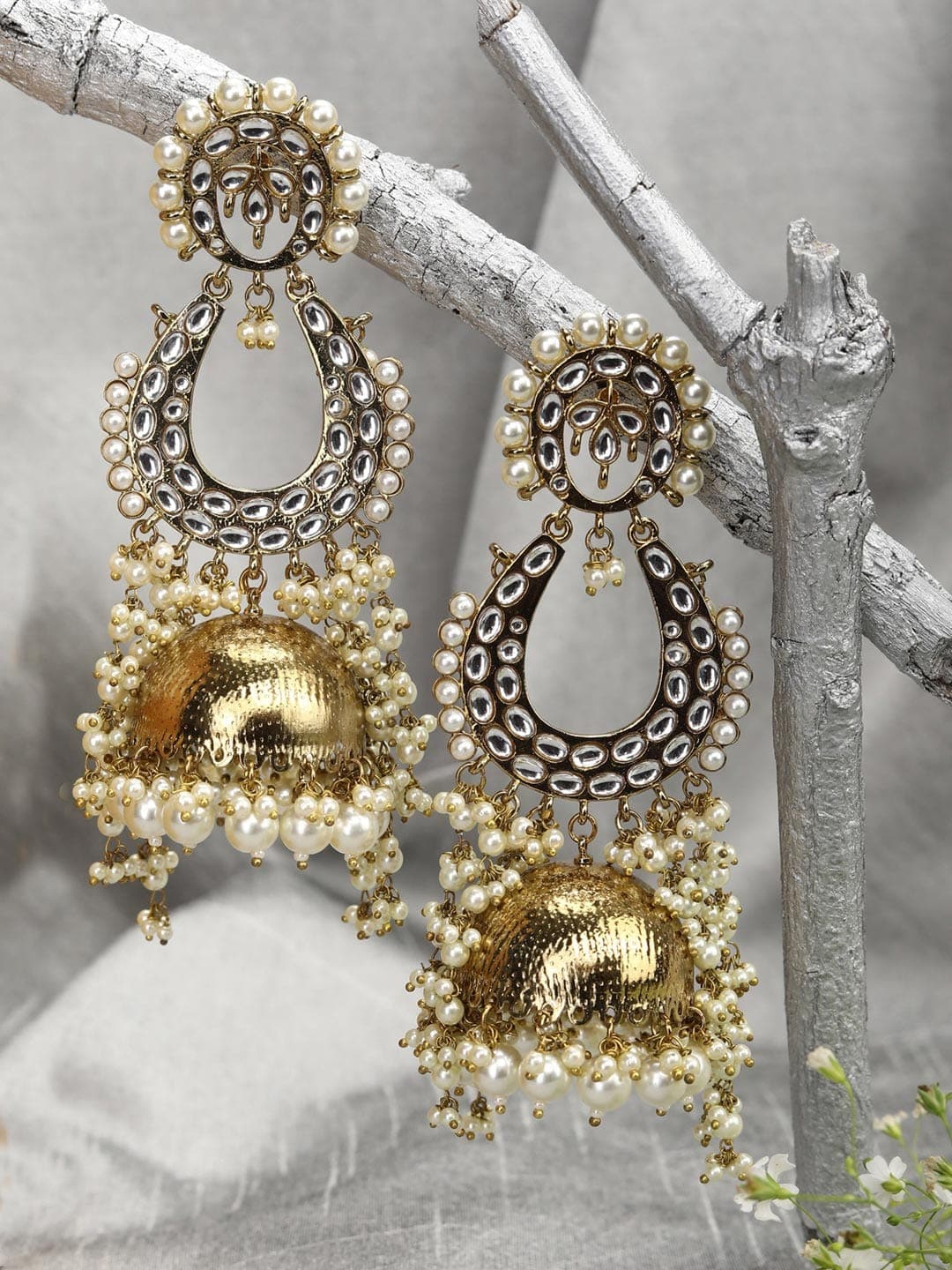 22k Gold Kundan Polki Cultured Pearls Chandbali Earrings - Diamond Polki  jewellery store online